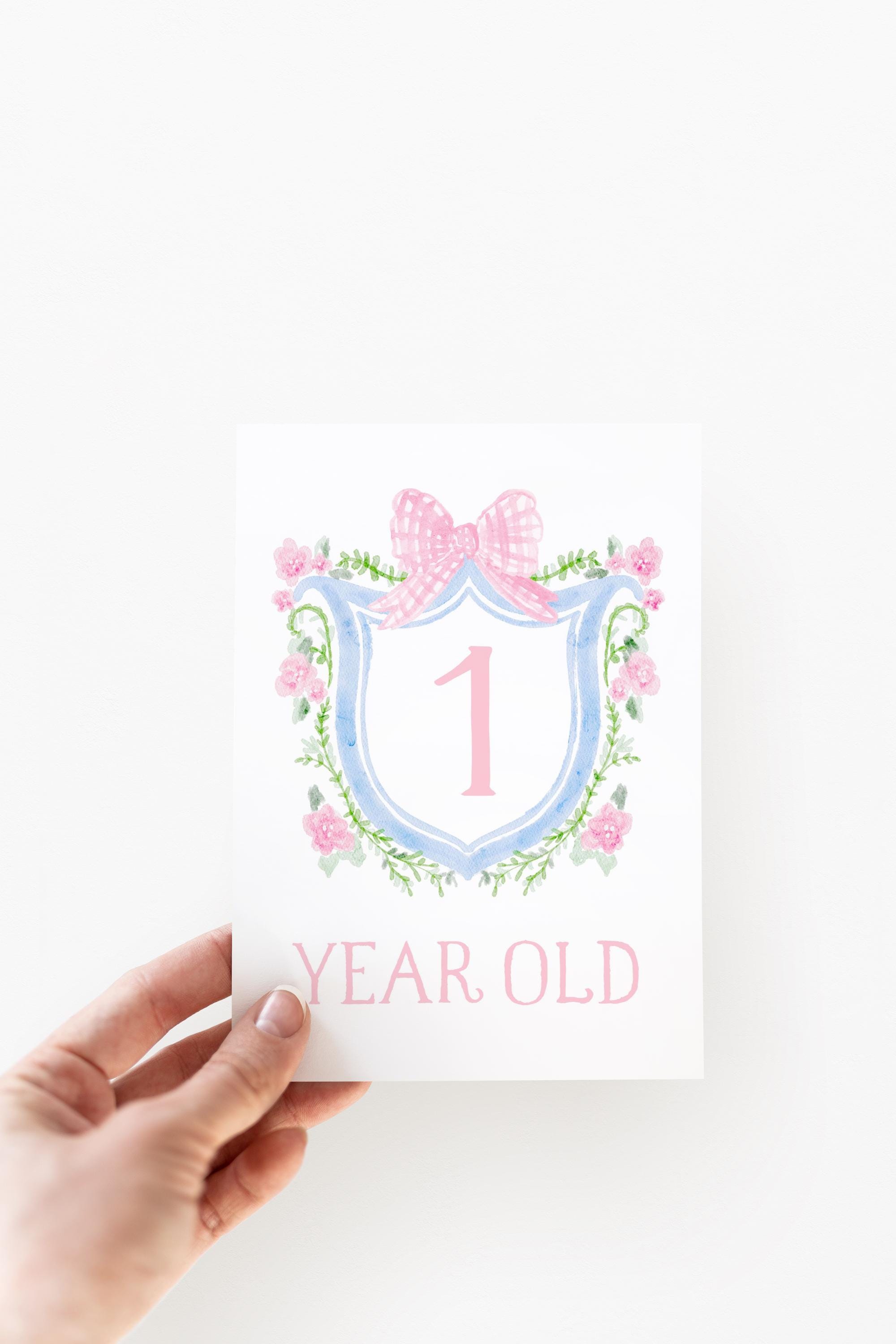 Baby Girl Milestone Cards, Watercolor Pink Floral Crest Milestone Cards ...