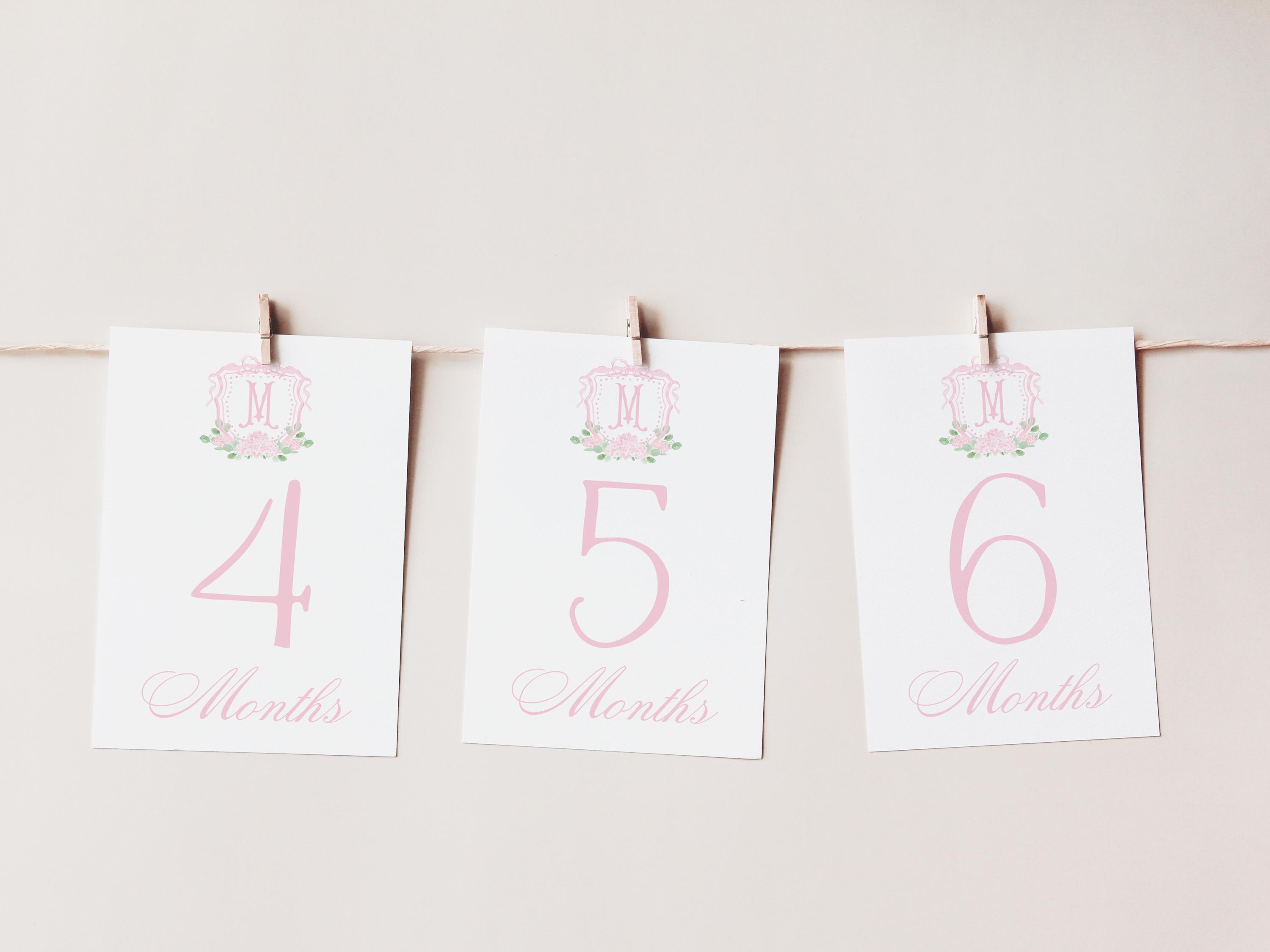 Monogram Crest Baby Milestone Cards, Pink Hydrangea Floral Crest ...