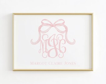 Monogram Nursery Wall Art, Grandmillennial Nursery, Blush Pink Bow Girl Nursery Print, Bow Baby Name Above Crib Wall Decor, Girl Room Decor