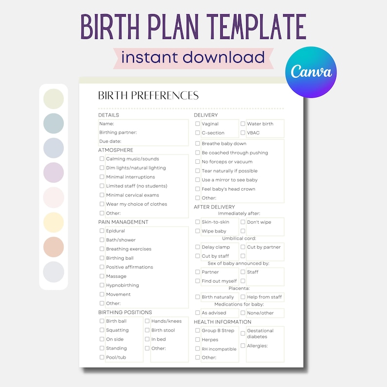 Peut inclure: Un mod&egrave;le de plan de naissance imprimable avec un fond bleu clair et du texte blanc. Le mod&egrave;le comprend des sections pour les d&eacute;tails, les pr&eacute;f&eacute;rences d'accouchement, l'atmosph&egrave;re, la gestion de la douleur, les positions d'accouchement et les informations sur la sant&eacute;. Le mod&egrave;le est con&ccedil;u pour aider les futurs parents &agrave; planifier leur exp&eacute;rience de naissance.