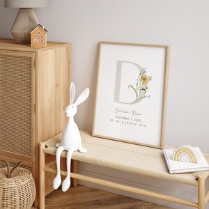 Póster personalizado con estadísticas de nacimiento de bebé, impresión imprimible con detalles de nacimiento de recién nacido, regalo de bautismo, impresión de flores silvestres para guardería, impresión de pared personalizada estilo bohemio