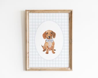 Brun tax barnrumsdekor, akvarell wienerhund barnrumstryck, baby barnrum pojke, blått gingham väggtryck, klassisk blå rosett väggkonst