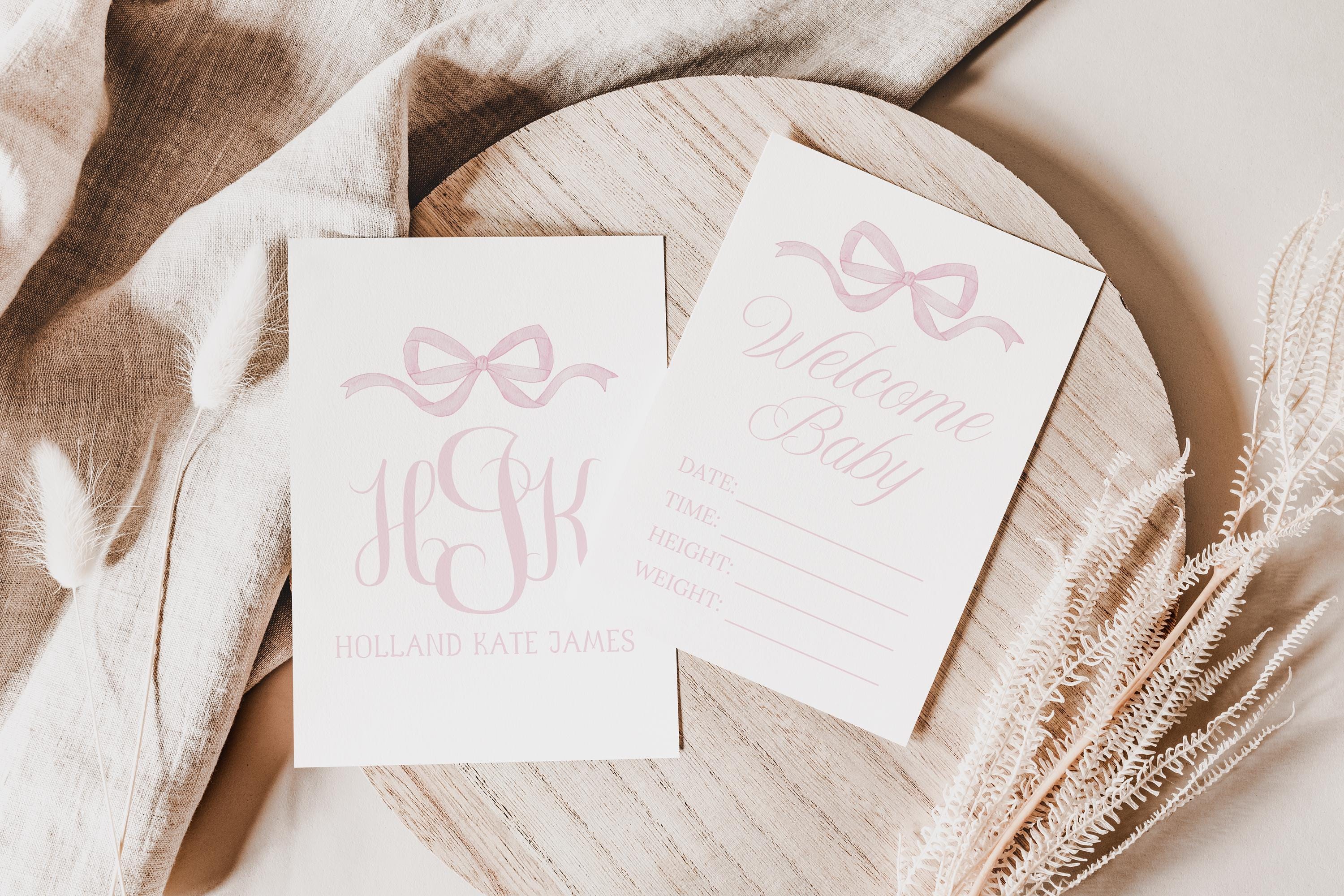 Printable Watercolor Pink Bow Baby Girl Bassinet Sign, Custom Monogram ...