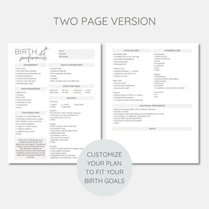 May include: A printable two-page birth preferences checklist with sections for environment, pain management, pain medication, birth positions, delivery, after delivery, newborn care, and additional preferences. The checklist is designed to help parents customize their birth plan to fit their goals.