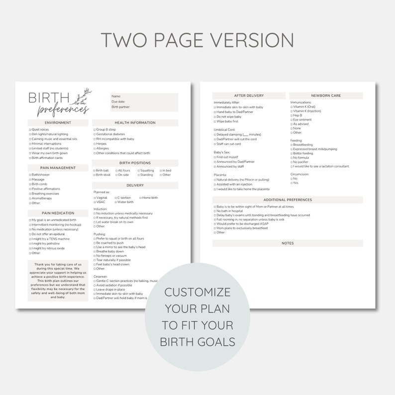 May include: A printable two-page birth preferences checklist with sections for environment, pain management, pain medication, birth positions, delivery, after delivery, newborn care, and additional preferences. The checklist is designed to help parents customize their birth plan to fit their goals.