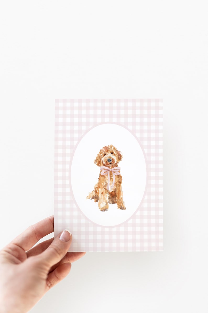 May include: A watercolor illustration of a brown dog wearing a pink bow, set against a pink and white gingham background.