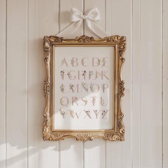 Floral Alphabet Poster, Wildflower Alphabet Poster, Printable Floral ABC Wall Art, Pink Girls Room Decor, Vintage Floral Alphabet Wall Print