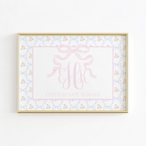 Monogram Nursery Wall Art, Grandmillennial Nursery, Pink Bow Print, Girl Nursery Prints, Baby Name Above Crib Wall Decor, Pink Girl Room