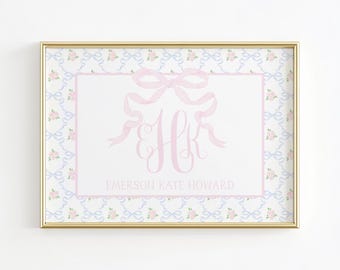 Monogram Nursery Wall Art, Grandmillennial Nursery, Pink Bow Print, Girl Nursery Prints, Baby Name Above Crib Wall Decor, Pink Girl Room
