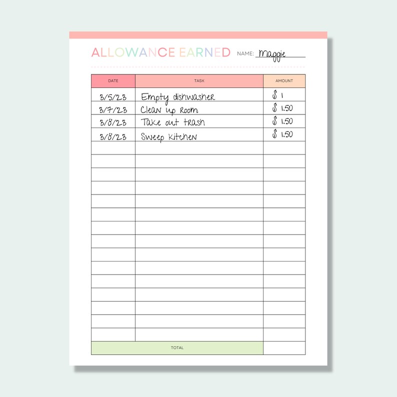 Printable Kids Allowance Chart, Allowance Tracker, Kids Savings Tracker ...
