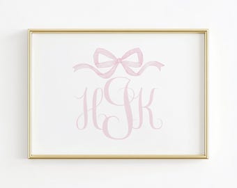 Monogram Nursery Wall Art, Grandmillennial Nursery, Vintage Pink Bow Print, Girl Nursery Print, Initials Nursery Wall Decor, Pink Girl Room