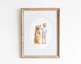 Golden Retriever with Blonde Little Boy Nursery Decor, Watercolor Dog Theme Nursery Print, Baby Boy Nursery Art, Puppy Blue Gingham Wall Art