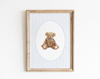 Watercolor Vintage Teddy Bear Print, Baby Boy Nursery Art, Soft Blue Stripe Watercolor Nursery Art, Teddy Boy Room Decor, Blue Nursery Art