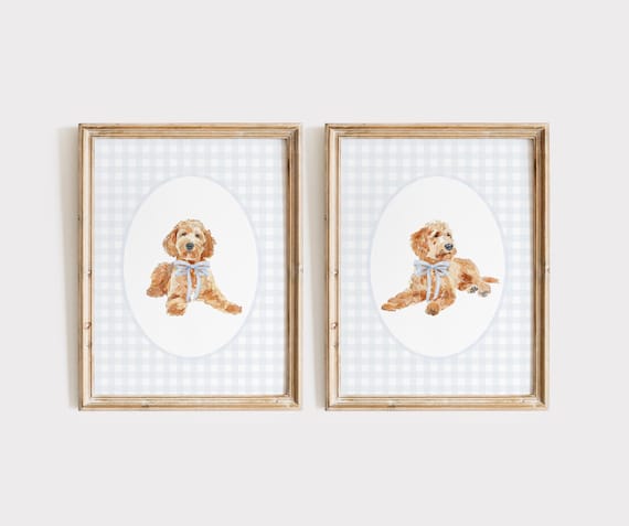 Golden Doodle Nursery Print Set, Watercolor Dog Nursery Print, Baby Boy Nursery, Blue Gingham Wall Print, Classic Blue Bow Doodle Nursery