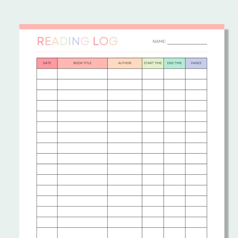 May include: A printable reading log with columns for date, book title, author, start time, end time, and pages. The headings are in different pastel colors.
