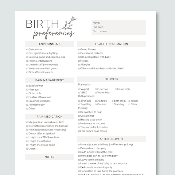Birth Plan Template, Birth Plan Printable, Editable Birth Preferences Template, Natural Birth Plan, Birth Plan Checklist, Canva Birth Plan