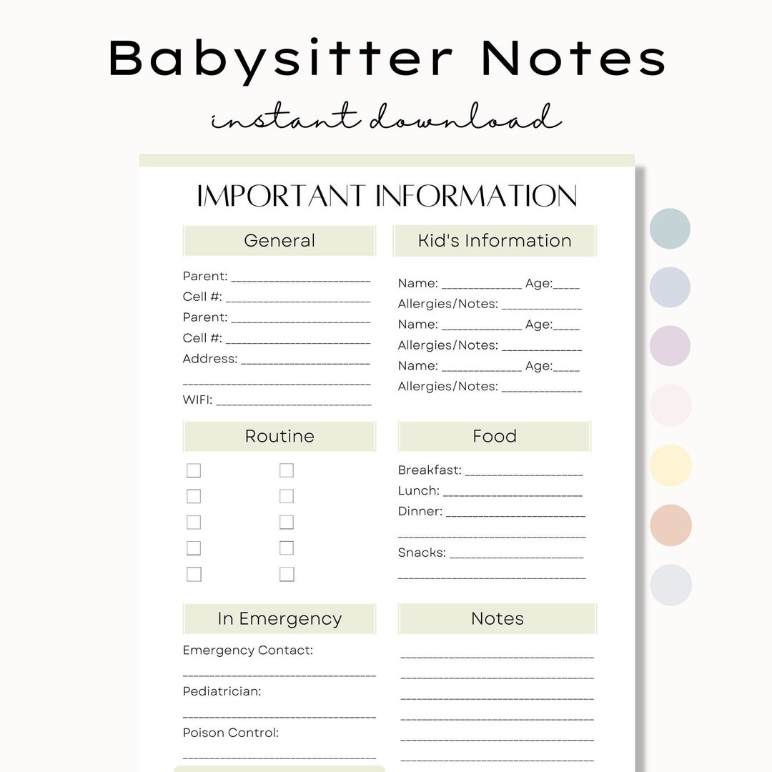 Printable Babysitter Important Information Sheet Template, Nanny Notes ...