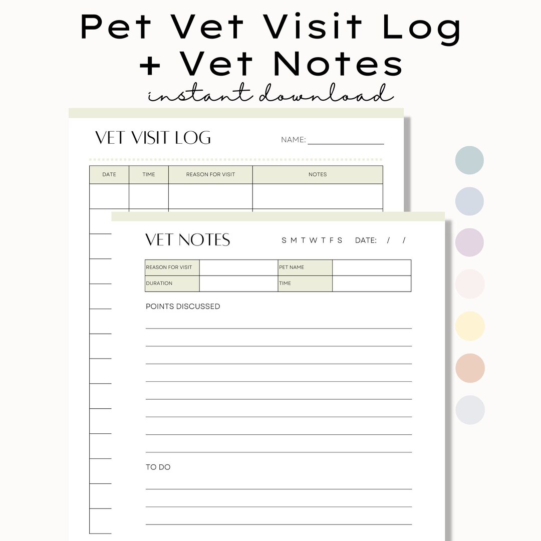 Printable Pet Vet Visit Log Vet Notes Dog Vet Visit Cat Vet Visit Printable Pet Vet Visit Log Vet Notes Dog Vet Visit Cat Vet Visit
