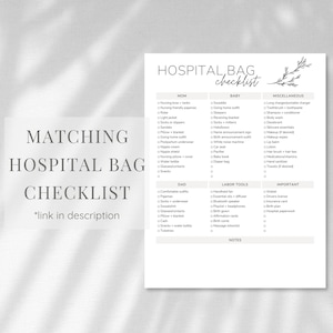 May include: A printable checklist for packing a hospital bag for a new parent. The checklist is divided into sections for Mom, Dad, Baby, Labor Tools, and Miscellaneous. The checklist includes items such as nursing bras, pajamas, socks, slippers, a going home outfit, a swaddle, sleepers, a receiving blanket, a car seat, a pacifier, a diaper bag, a handheld fan, essential oils, a Bluetooth speaker, a playlist, headphones, a birth gown, affirmation cards, massage lotion, a wallet, a driver's license, insurance card, a birth plan, and hospital paperwork.