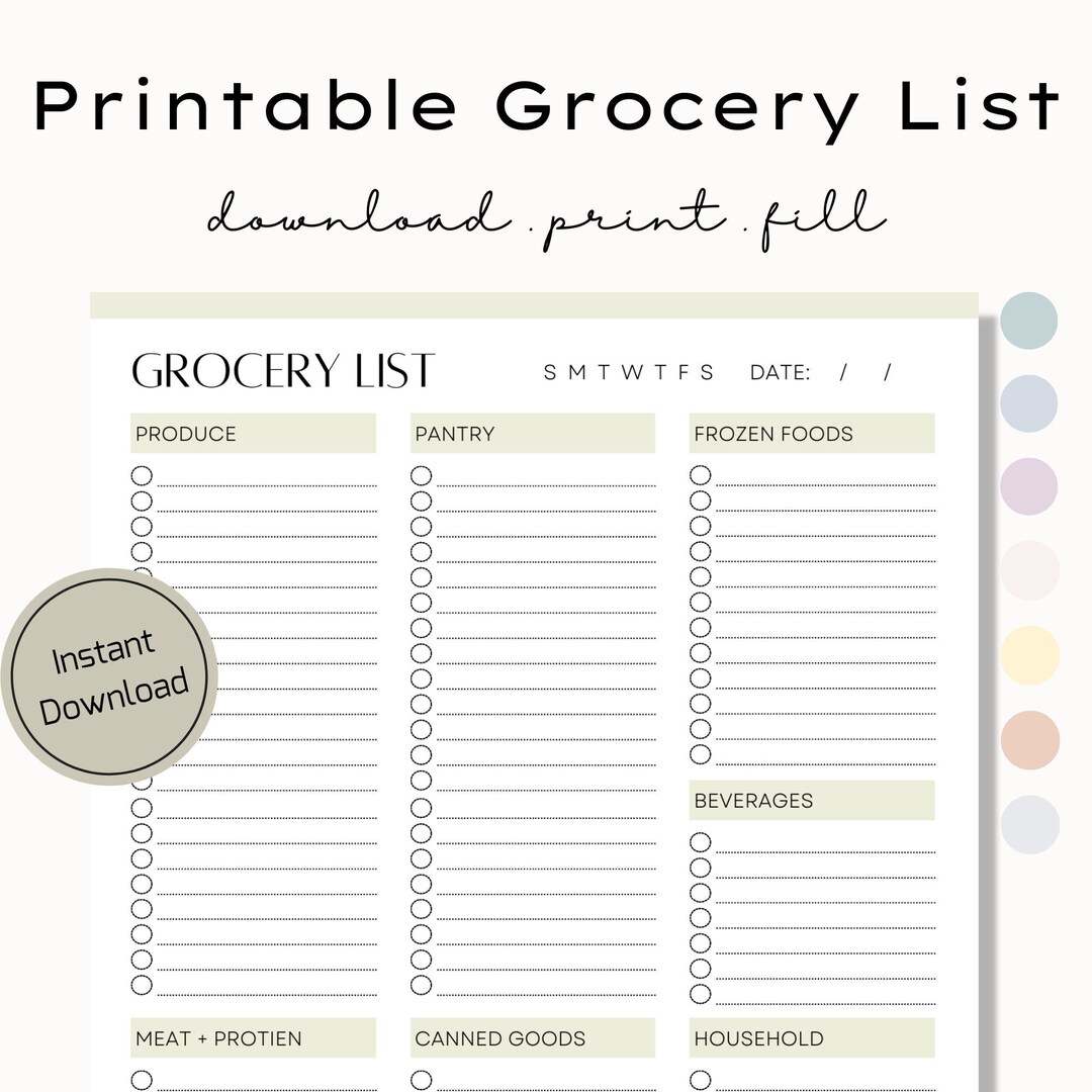 Printable Grocery List Food Shopping List Groceries Planner - Etsy