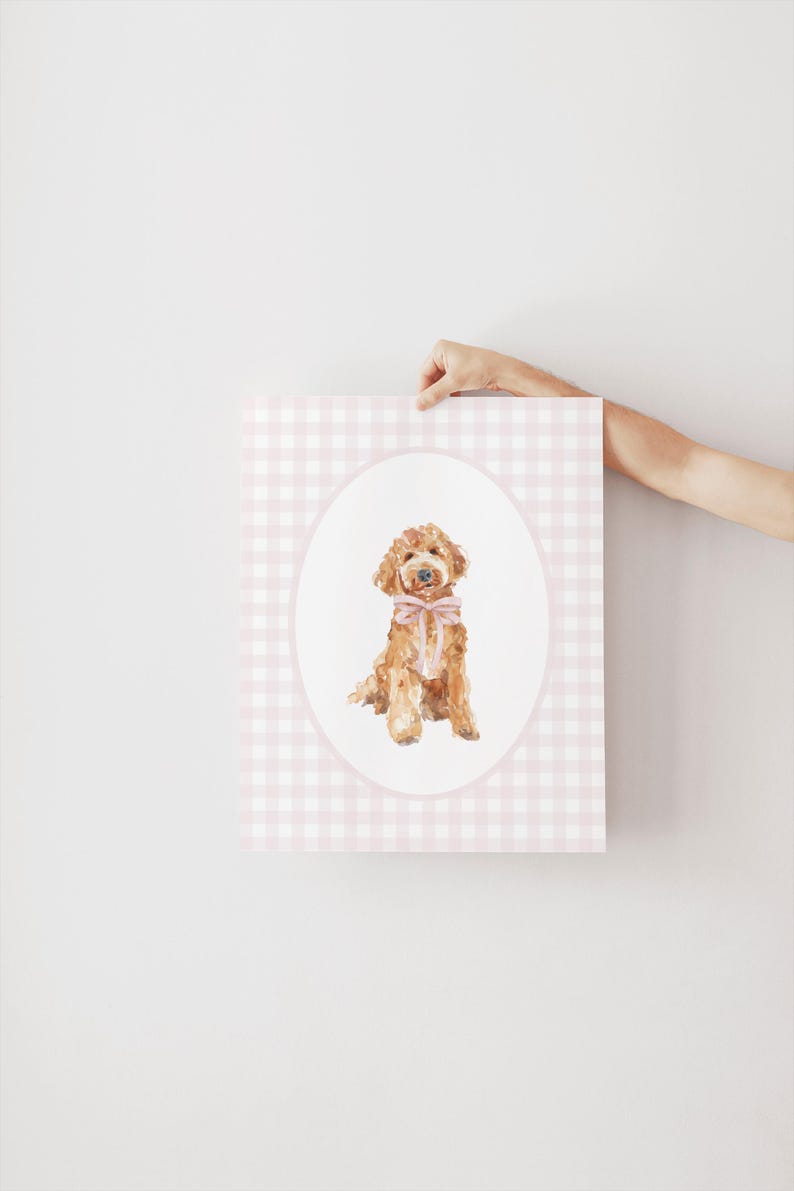 May include: A watercolor illustration of a brown dog wearing a pink bow, set against a pink and white gingham background.
