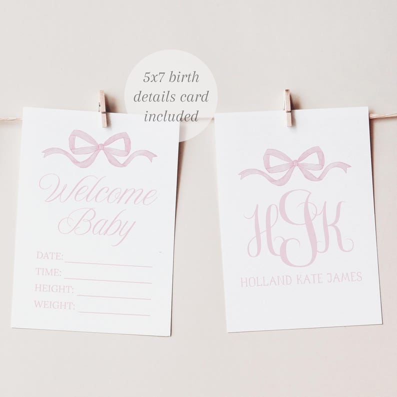 Printable Watercolor Pink Bow Baby Girl Bassinet Sign, Custom Monogram ...