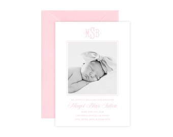 Baby Girl Monogram Birth Announcement Card, Pink Gingham Double Sided Photo Baby Announcement Card, Newborn Photo Card, Welcome Baby Card