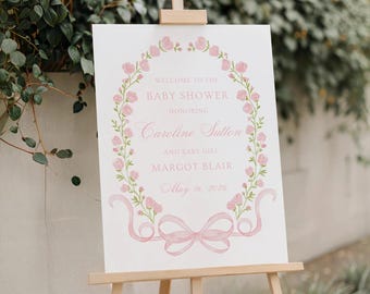 Afdrukbaar welkomstbord babyshower, roze strik welkomstbord, roze en groene bloemen babyshower bord, bloemen decor babyshower, welkomstposter