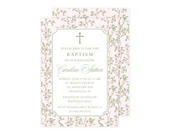 Chinoiserie Girl Baptism Invitation, Pink and Green Baby Christening Invitation, Girl Baby Dedication Invite, Printed Baptism Invitations