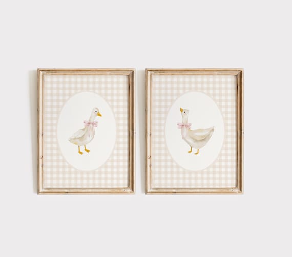 Goose Nursery Print Set, Vintage Goose Nursery Art, Baby Girl Nursery, Duck Gingham Nursery Decor Neutral, Coquette Goose Pink Bow Wall Art