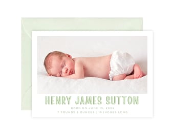Printed Light Green Birth Announcement Cards, Simple Neutral Newborn Photo Card, Minimalist Double Sided Photo Baby Birth Announcement Card