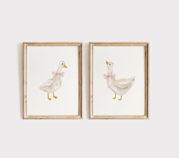 Goose Nursery Print Set, Vintage Goose Nursery Art, Baby Girl Nursery, Simple Duck Nursery Decor Neutral, Coquette Goose Pink Bow Wall Art