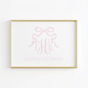 Monogram Nursery Wall Art, Grandmillennial Nursery, Vintage Pink Bow Print, Girl Nursery Print, Baby Name Nursery Wall Decor, Pink Girl Room