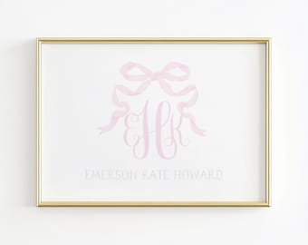 Monogram Nursery Wall Art, Grandmillennial Nursery, Vintage Pink Bow Print, Girl Nursery Print, Baby Name Nursery Wall Decor, Pink Girl Room