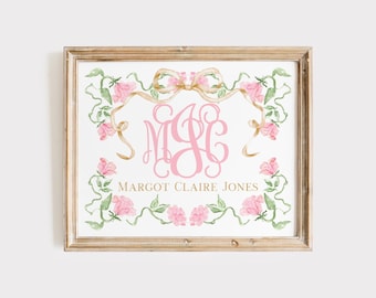 Rose Monogram Nursery Wall Art, Grandmillennial Pink and Gold Girl Nursery Print, Bow Baby Name Above Crib Wall Decor, Floral Girl Room