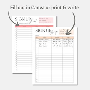 Editable Sign up Sheet Template, Contact Information Sheet, Event Sign