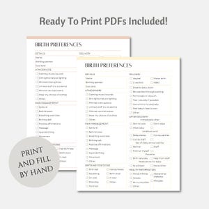 Peut inclure: Liste de pr&eacute;f&eacute;rences de naissance imprimable. La liste comprend des sections pour les d&eacute;tails, l'atmosph&egrave;re, la gestion de la douleur, l'accouchement, l'apr&egrave;s-accouchement, les positions d'accouchement et les informations de sant&eacute;. La liste est con&ccedil;ue pour &ecirc;tre remplie &agrave; la main.