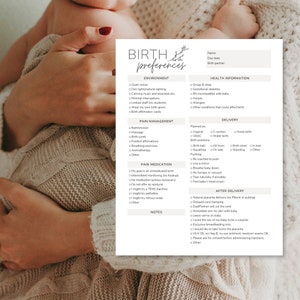 May include: A printable birth preferences checklist with sections for environment, pain management, pain medication, delivery, and after delivery. The checklist includes options for quiet voices, dim lights, natural lighting, massage, aromatherapy, unmedicated birth, vaginal birth, water birth, home birth, natural placenta delivery, and delayed cord clamping.