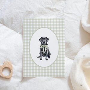 May include: A black Labrador Retriever wearing a green bow tie sits in a white oval on a green and white gingham background.