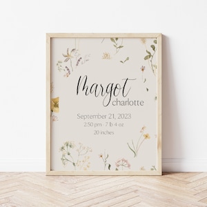 Baby Birth Details Print, Birth Announcement, Newborn Birth Stats Print, Personalized Nursery Print, Printable Initial Poster Wildflower