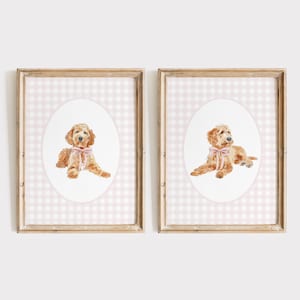 Golden Doodle Nursery Print Set, Watercolor Dog Decor, Baby Girl Nursery, Pink Gingham Wall Print, Coquette Pink Bow Art, Puppy Nursery