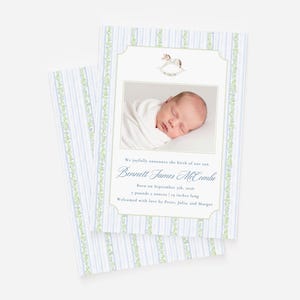 Watercolor Rocking Horse Boy Birth Announcement, Blue and Green Newborn Announcement, Double Sided Photo Baby Birth Announcement Card