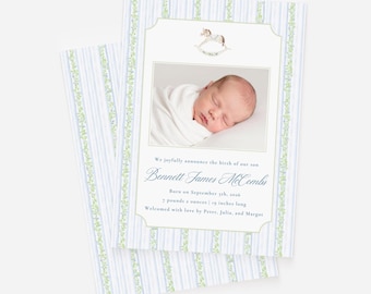 Watercolor Rocking Horse Boy Birth Announcement, Blue and Green Newborn Announcement, Double Sided Photo Baby Birth Announcement Card