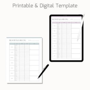 May include: Printable and digital blood sugar log template. The template has a light blue background with black text and lines. The template includes columns for date, meal, before, after, and notes.