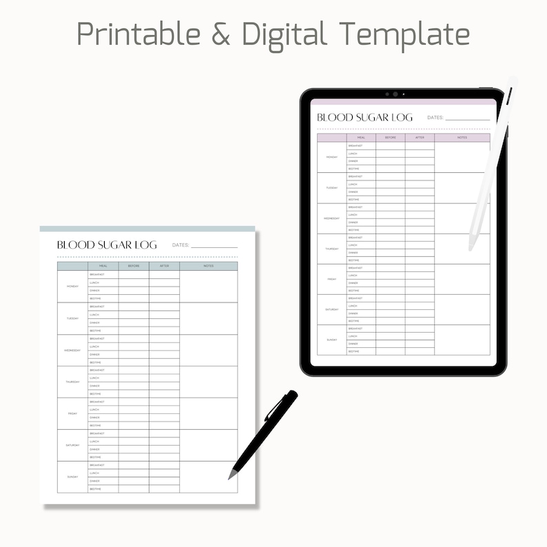 May include: Printable and digital blood sugar log template. The template has a light blue background with black text and lines. The template includes columns for date, meal, before, after, and notes.