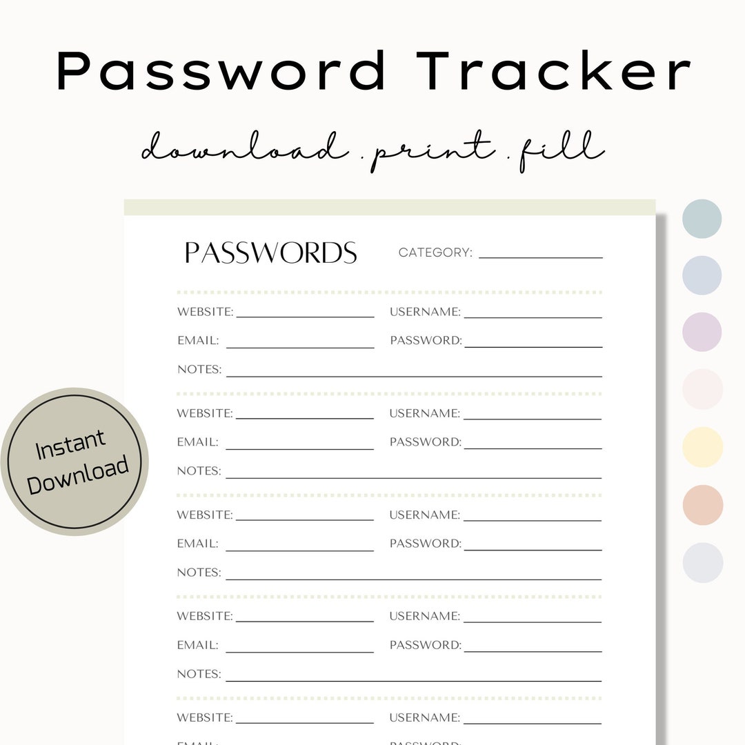 Printable Password Log Password Tracker Fillable Password - Etsy