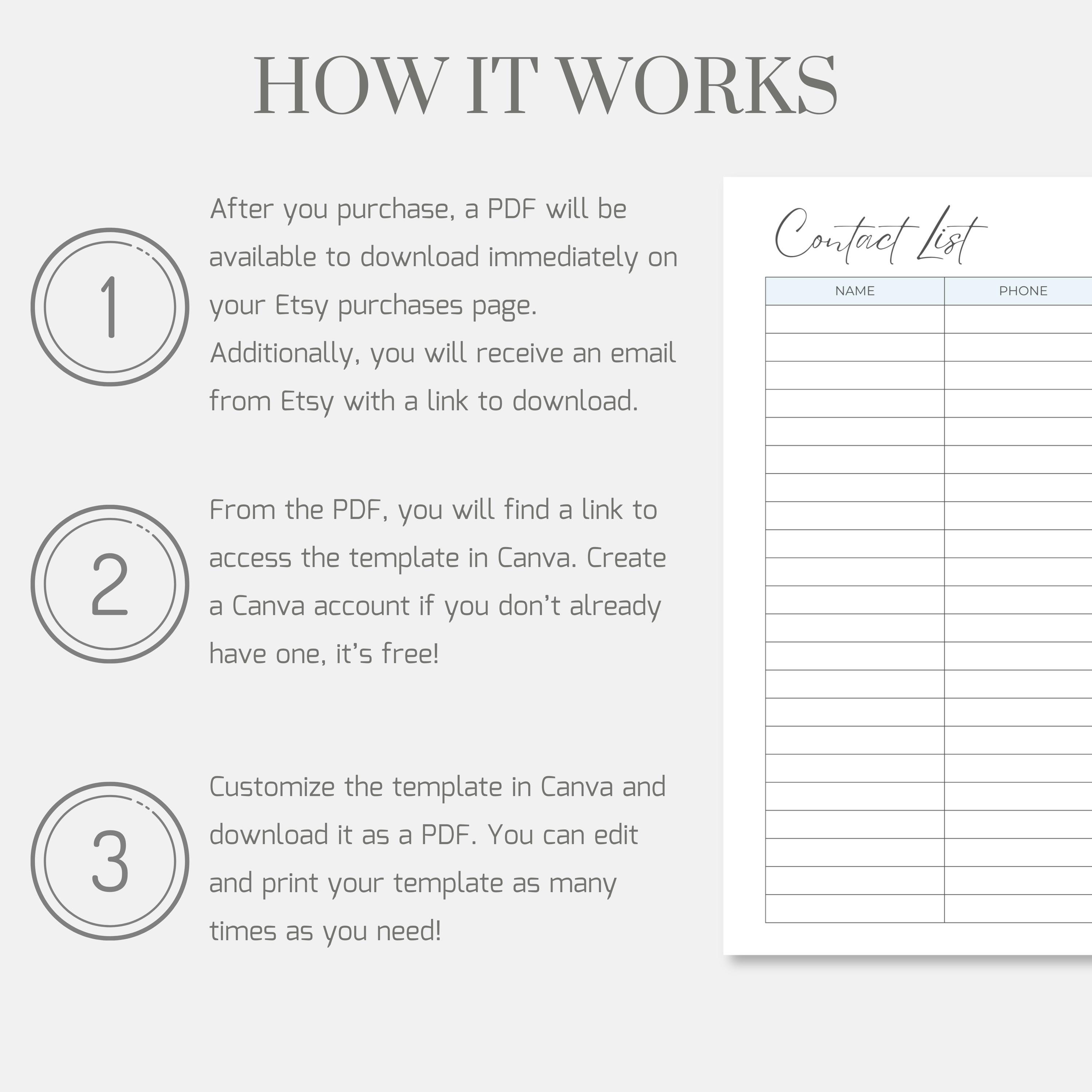 Editable Contact List Canva Template, Printable Contact List Sheet ...