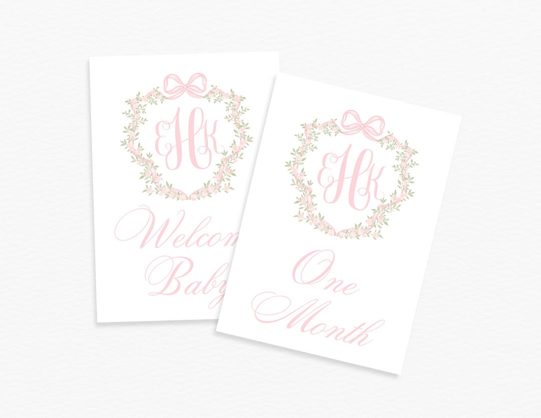 Monogram Crest Baby Milestone Cards, Dainty Pink Floral Crest Milestone ...