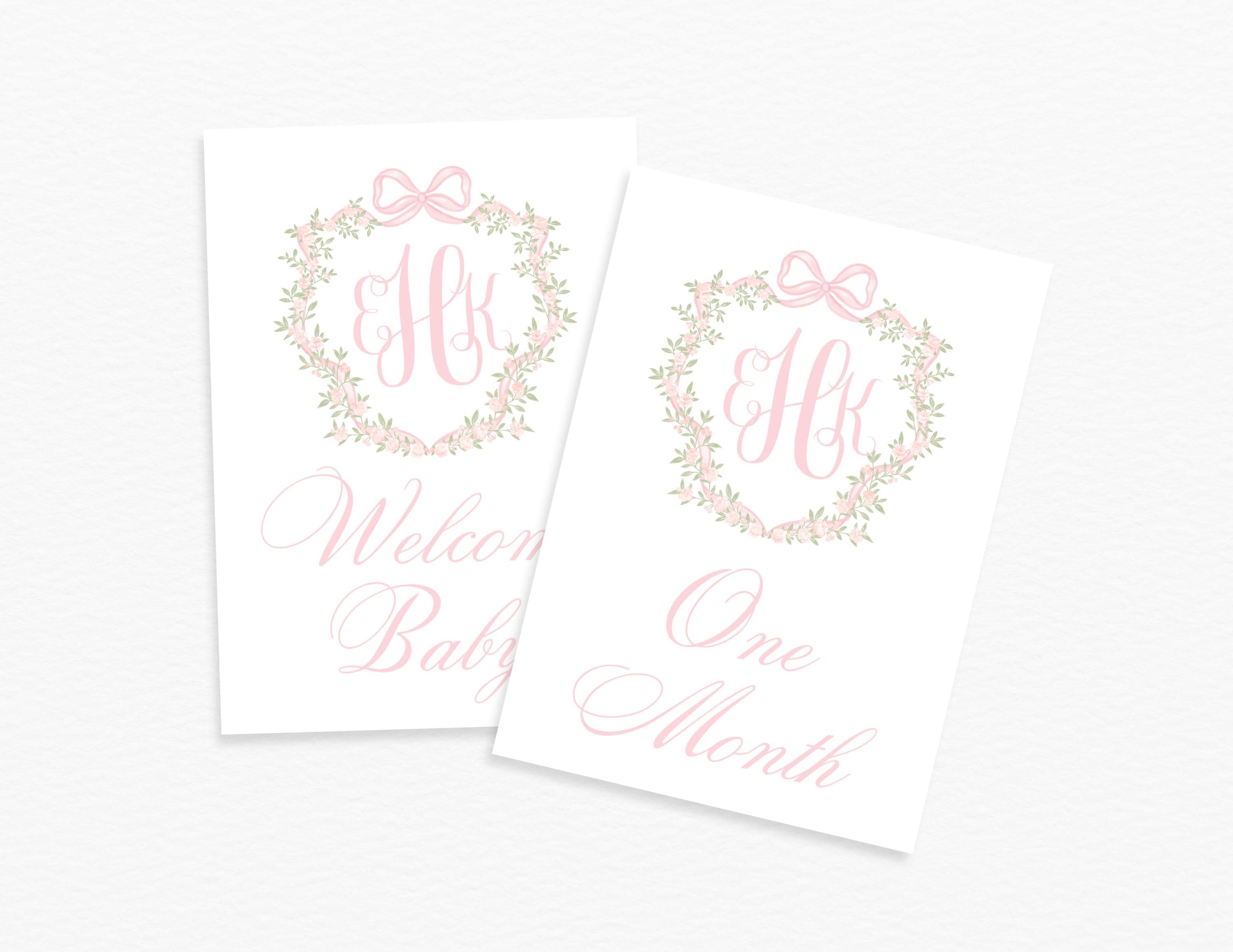Monogram Crest Baby Milestone Cards, Dainty Pink Floral Crest Milestone ...