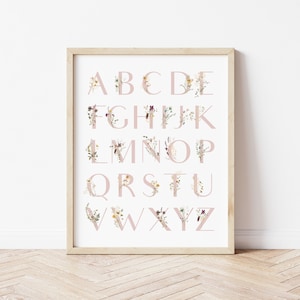 May include: A printable alphabet poster with pink letters decorated with floral illustrations. Each letter is surrounded by a variety of flowers and greenery.